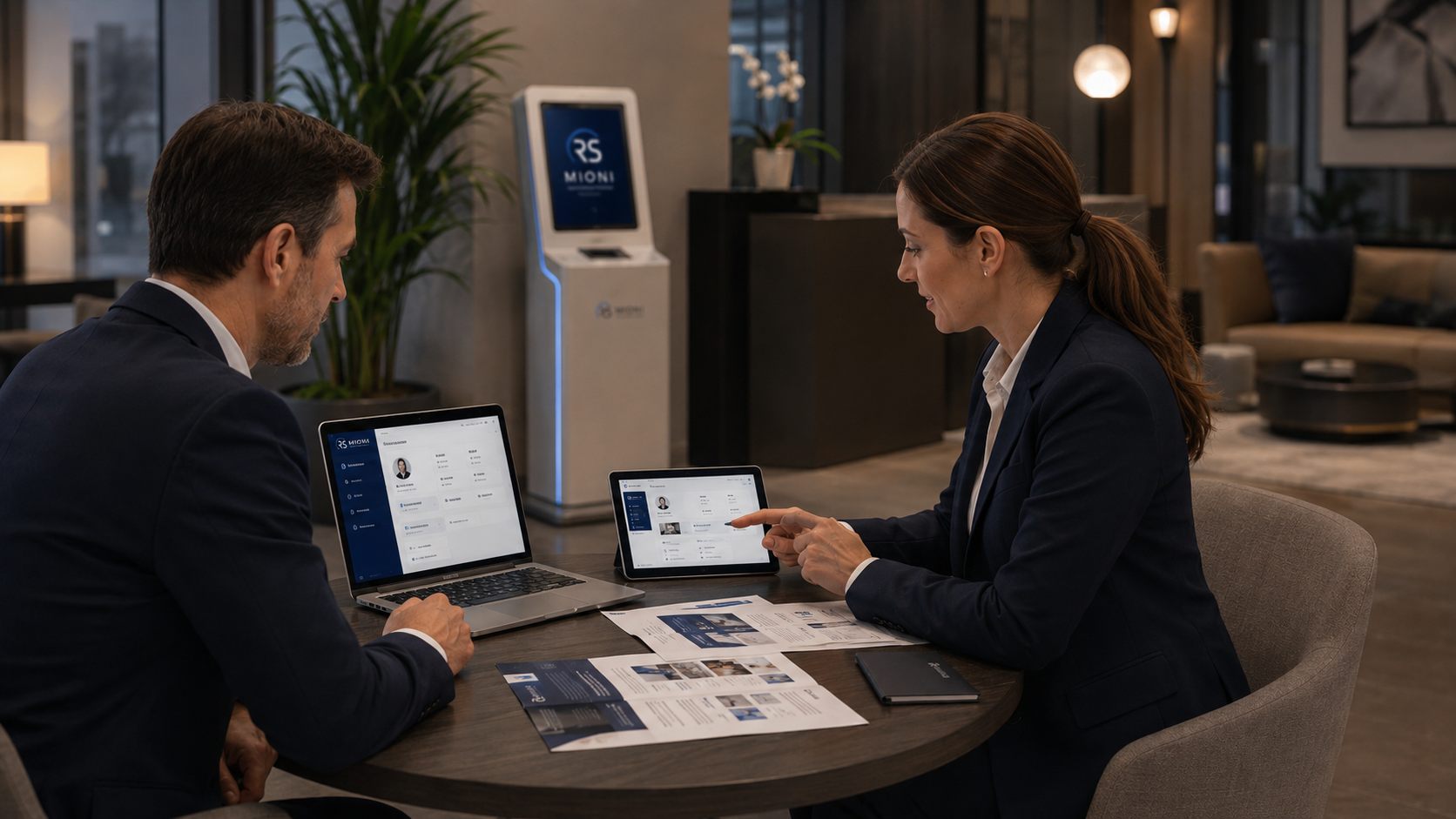 Due professionisti che valutano il modello RS Mioni con laptop e tablet.