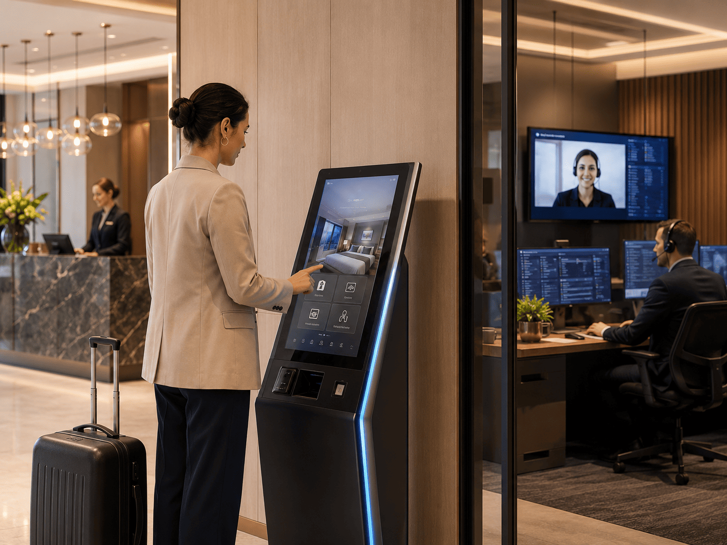 Ospite al totem RS Mioni in lobby con receptionist remota visibile sullo schermo.